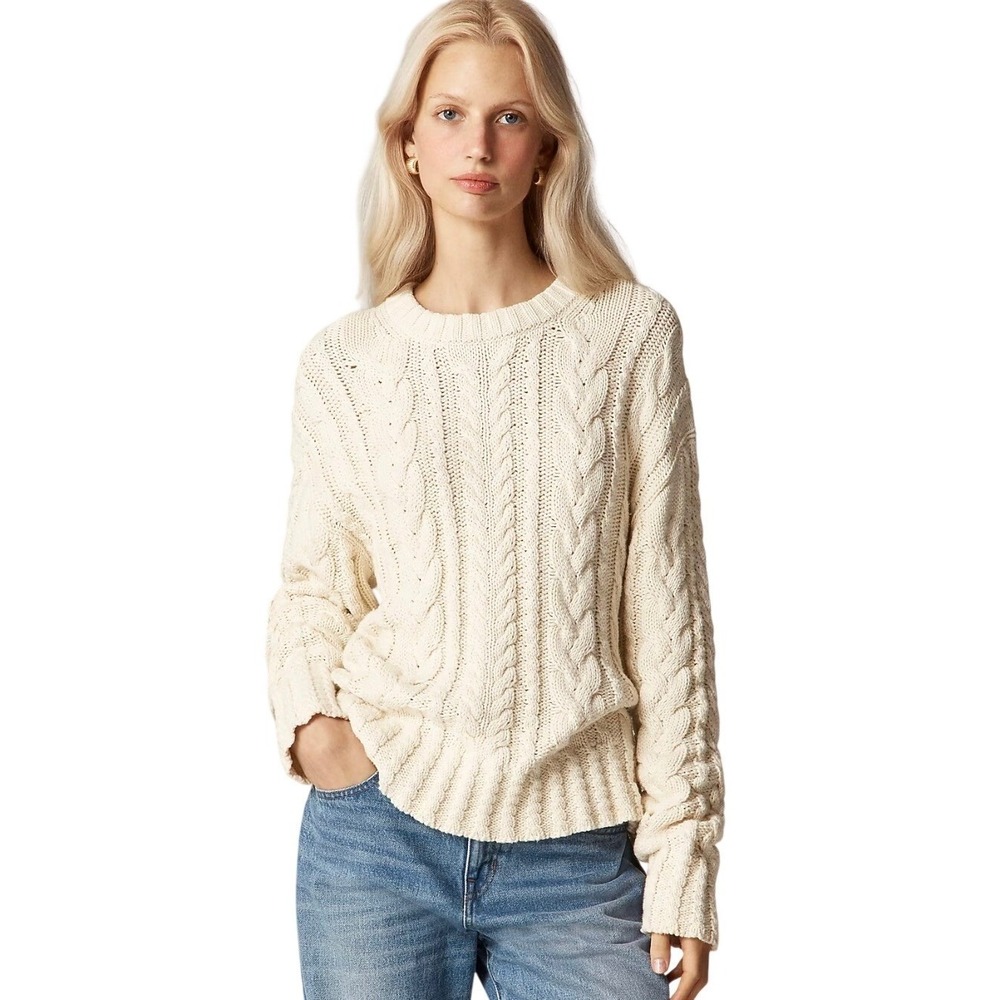 J.Crew Womens Ivory Cotton Cable Knit Crewneck Sweater BV360 XS